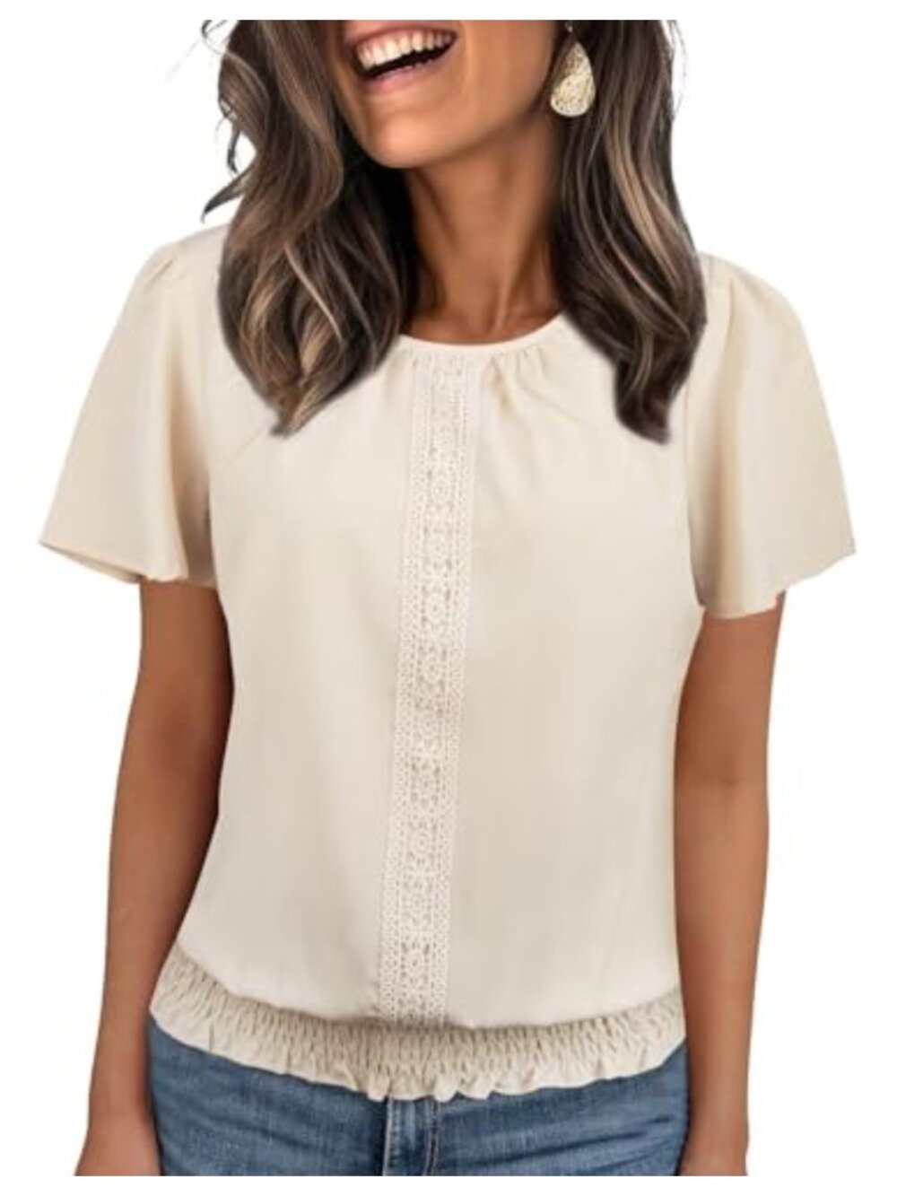 Women's Ruffle Sleeve Scoop Neck Pleated Blouse